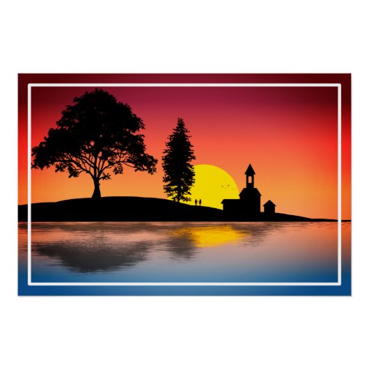 Poster Nature Lake Trees Couple Silhouette Artwork (Devant)