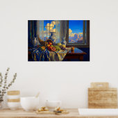 Poster Nature morte avec fenêtre bleue et pics lointains (Cuisine)