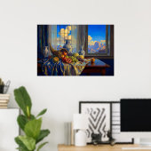 Poster Nature morte avec fenêtre bleue et pics lointains (Bureau à domicile)