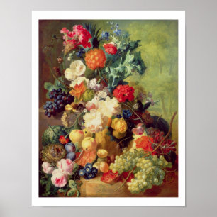 Poster Nature morte avec fleurs et fruits