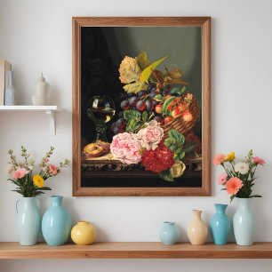 Poster Nature morte avec pivoines et un verre de vin