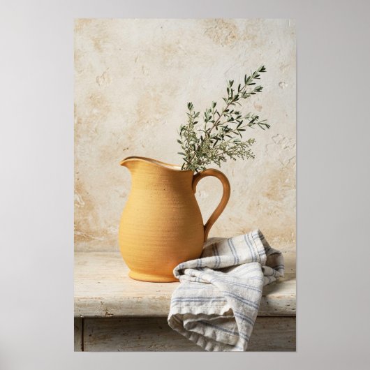 Poster Nature morte avec pot ochre et linge rayé bleu (Devant)