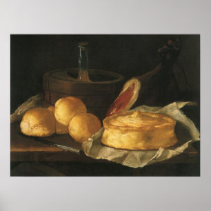 Poster Nature morte baroque vintage avec pain, tarte, jam
