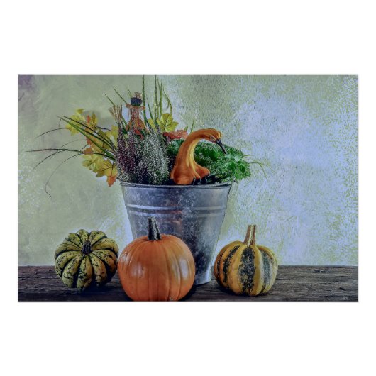 Poster Nature morte d'automne avec citrouilles, fleurs (Devant)