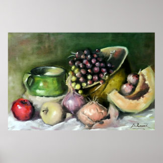 Poster Nature morte d'automne avec fruits et oignons : ar