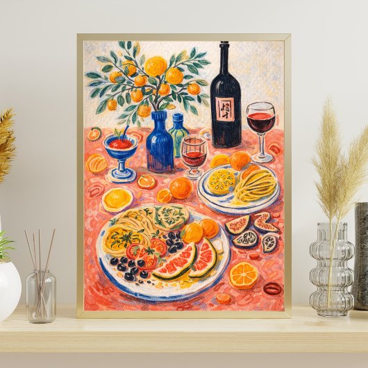 Poster Nature morte de table méditerranéenne – Vin, Agrum