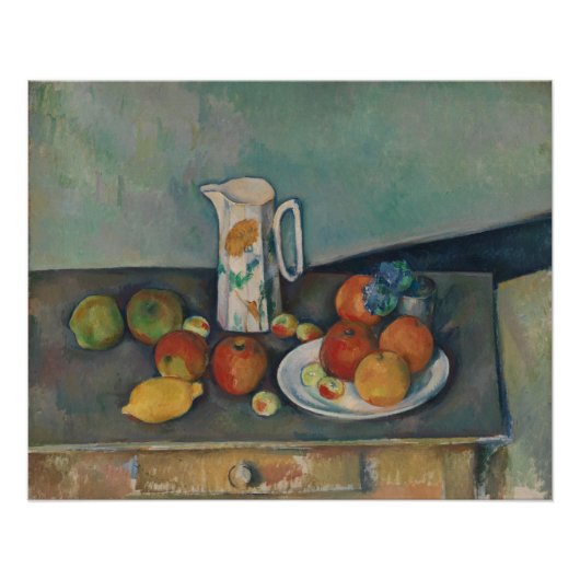 Poster Nature morte, pichet de lait et fruits sur une tab (Devant)