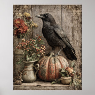 Poster Nature morte vintage de corbeau et citrouille