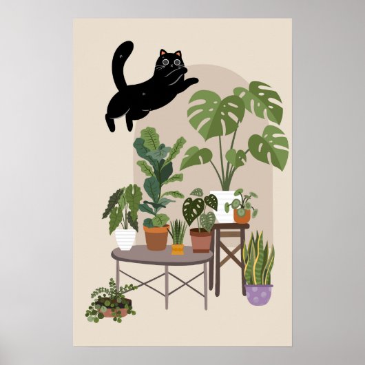 Poster Naughty Black Cat & Monstera Jungle (Devant)