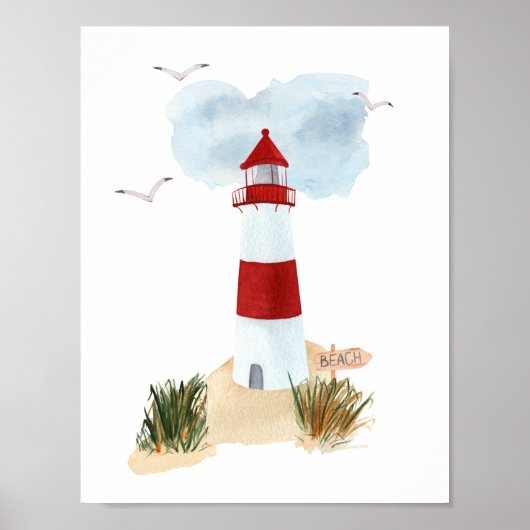 Poster Nautical Beach Red And White Lighthouse Nursery (Devant)