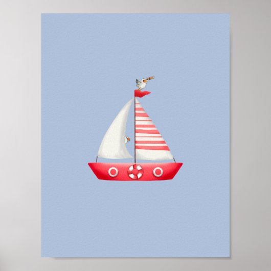 Poster Nautical Beach Red Sailboat With Seagulls Nursery (Devant)