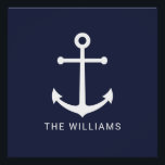 Poster Nautical White Anchor and Custom Nom on Navy Blue<br><div class="desc">Poster minimaliste moderne avec ancre blanche avec nom personnalisé en blanc style de police sans serif moderne sur arrière - plan bleu marine. Parfait comme décor de maison de plage,  cadeau de ménage et plus encore.</div>