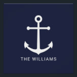 Poster Nautical White Anchor and Custom Nom on Navy Blue<br><div class="desc">Poster minimaliste moderne avec ancre blanche avec nom personnalisé en blanc style de police sans serif moderne sur arrière - plan bleu marine. Parfait comme décor de maison de plage, cadeau de ménage et plus encore.</div>