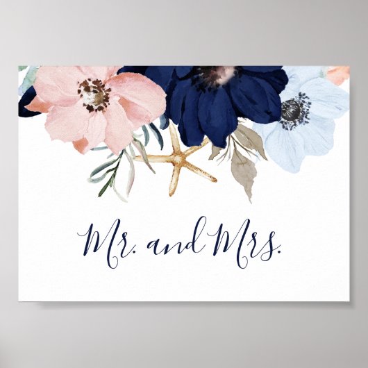 Poster Nautique moderne | Floral M. et Mme Mariage Sign (Devant)