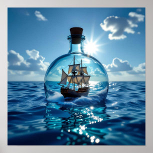 Poster Navire dans une bouteille flottant sur l'océan