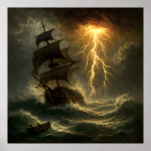 Poster Navire dans une tempête de foudre - Art de style i (Devant)