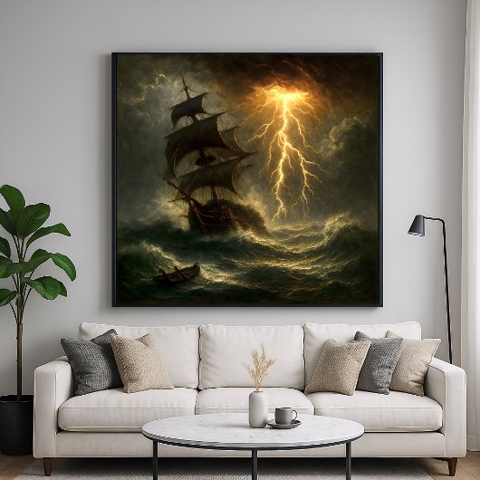 Poster Navire dans une tempête de foudre - Art de style i