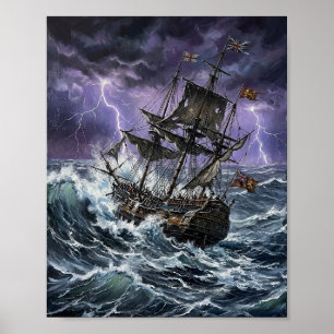 Poster Navire de Galleon Dramatique Tempête Océanique Écl