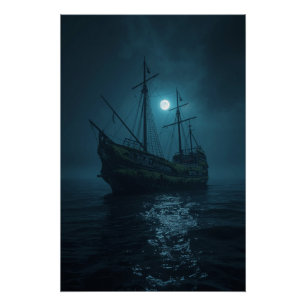 Poster Navire Fantôme Sous la Lune – Nuit Océanique Hanté
