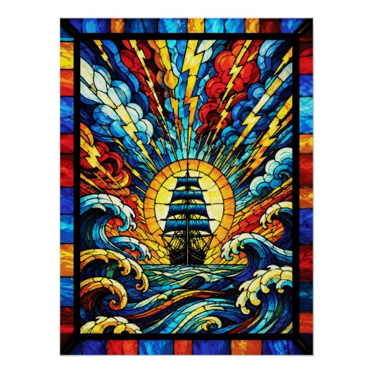 Poster Navire naviguant à travers la tempête (Devant)