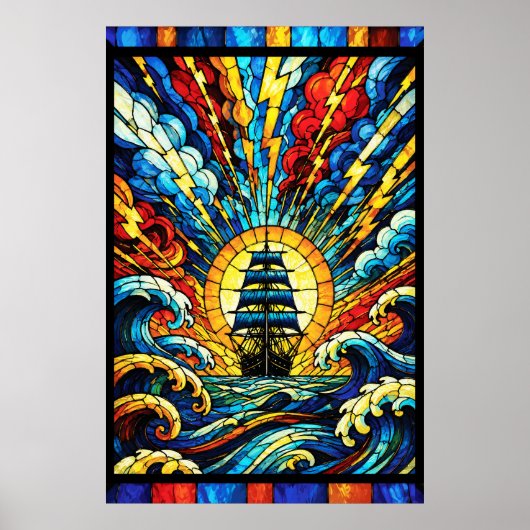 Poster Navire naviguant à travers la tempête (Devant)