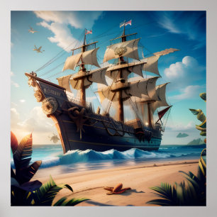Poster Navire pirate de plage tropicale
