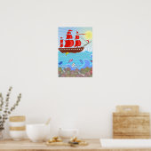 Poster Navire pirate rouge illustré (Cuisine)