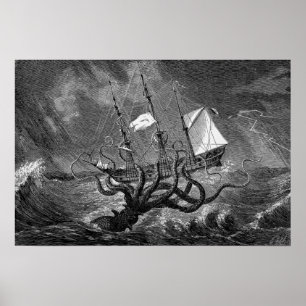 Poster Navire vintage Kraken Giant Squid Sea Monster