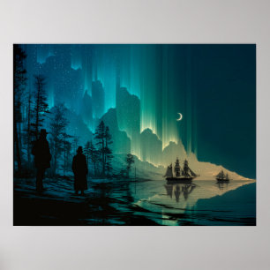 Poster Navires sous le croissant de lune et aurores boréa