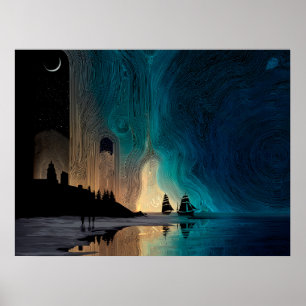 Poster Navires sous le croissant de lune et aurores boréa