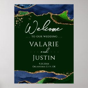 Poster Navy Blue Agate Green Wedding Welcome Sign