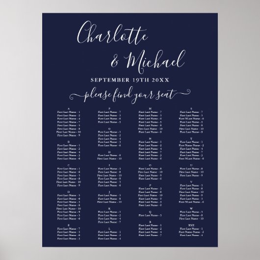 Poster Navy Blue Alphabetical Wedding Seating Chart (Devant)