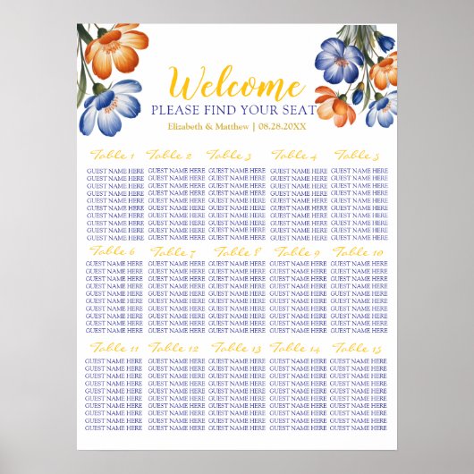 Poster Navy Blue And Orange Floral Wedding Seating Chart (Devant)