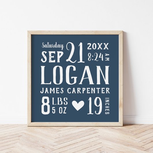 Poster Navy Blue Baby Boy Birth Stats Keepsaké