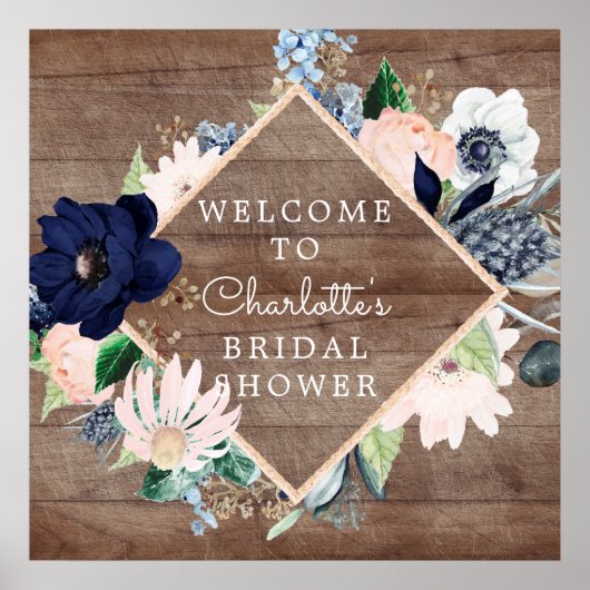 Poster Navy Blue Blush Floral Bridal Shower Welcome (Devant)