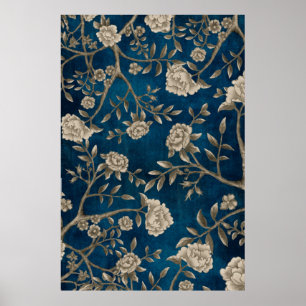 Poster Navy Blue Botanical Chinoiserie Flower Wall Art