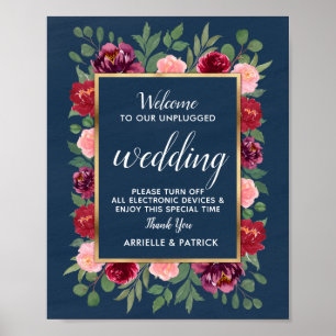 Poster Navy Blue Burgundy Gold Unplugged Wedding Sign