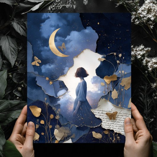 Poster Navy Blue Gold Fantasy Night Sky Wall Art Print