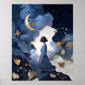 Poster Navy Blue Gold Fantasy Night Sky Wall Art Print (Devant)