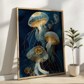 Poster Navy Blue& Gold Jellyfish Kintsugi Ink Art Ocean
