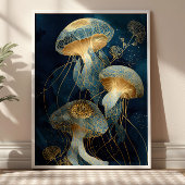 Poster Navy Blue& Gold Jellyfish Kintsugi Ink Art Ocean
