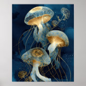 Poster Navy Blue& Gold Jellyfish Kintsugi Ink Art Ocean (Devant)