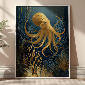 Poster Navy Blue& Gold Kintsugi Octopus Underwater 
