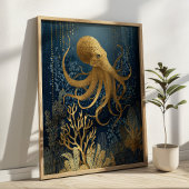 Poster Navy Blue& Gold Kintsugi Octopus Underwater 