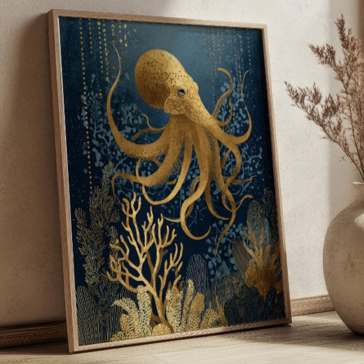 Poster Navy Blue& Gold Kintsugi Octopus Underwater 