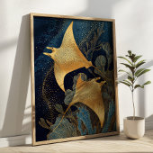 Poster Navy Blue& Gold Manta Rays Elegant Kintsugi Art