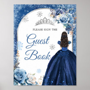 Poster Navy Blue Magic Snowflake Quinceañera Guest Book