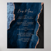 Poster Navy Blue Rose Gold Agate Script Wedding Bar Menu  (Devant)