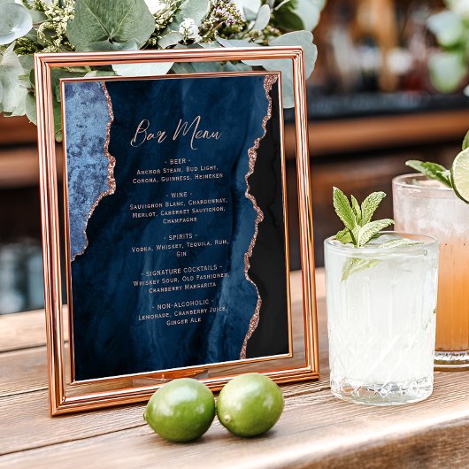 Poster Navy Blue Rose Gold Agate Script Wedding Bar Menu 