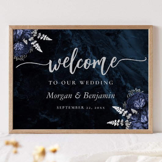 Poster Navy Blue Silver Floral Wedding Welcome